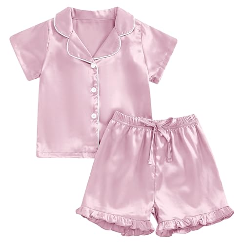Schlafanzug Mädchen Satin Kurzarm Kinder Schlafanzüge Sommer Button-Down Pjs Zweiteilig Nachtwäsche Lounge Sets Alter 2-13 von Generic
