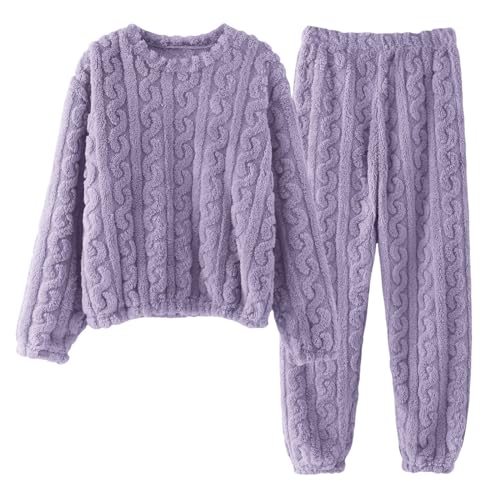 Schlafanzug Pyjama,Damen Winter Warme Fleece Schlafanzug Flauschig Rundhals Sweatshirt Oberteile Einfarbig Plüsche Hose Pyjamas Set,Nachtwäsche Zweiteilig mit Taschen,Winter Warm Anzug Pyjama von Generic