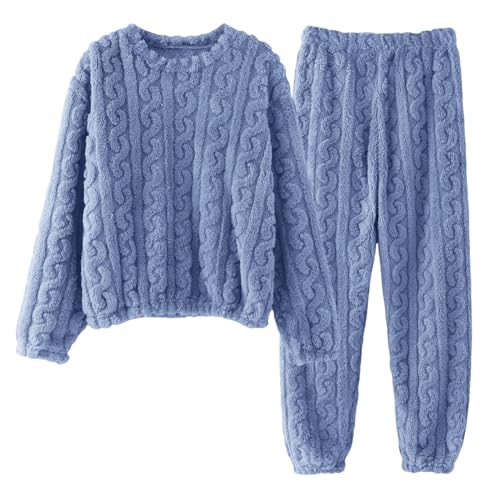Schlafanzug Pyjama,Damen Winter Warme Fleece Schlafanzug Flauschig Rundhals Sweatshirt Oberteile Einfarbig Plüsche Hose Pyjamas Set,Nachtwäsche Zweiteilig mit Taschen,Winter Warm Anzug Pyjama von Generic