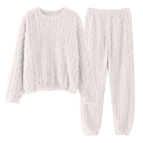 Schlafanzug Pyjama,Damen Winter Warme Fleece Schlafanzug Flauschig Rundhals Sweatshirt Oberteile Einfarbig Plüsche Hose Pyjamas Set,Nachtwäsche Zweiteilig mit Taschen,Winter Warm Anzug Pyjama von Generic