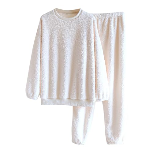 Schlafanzug Pyjama,Damen Winter Warme Fleece Schlafanzug Flauschig Rundhals Sweatshirt Oberteile Einfarbig Plüsche Hose Pyjamas Set,Nachtwäsche Zweiteilig mit Taschen,Winter Warm Anzug Pyjama von Generic
