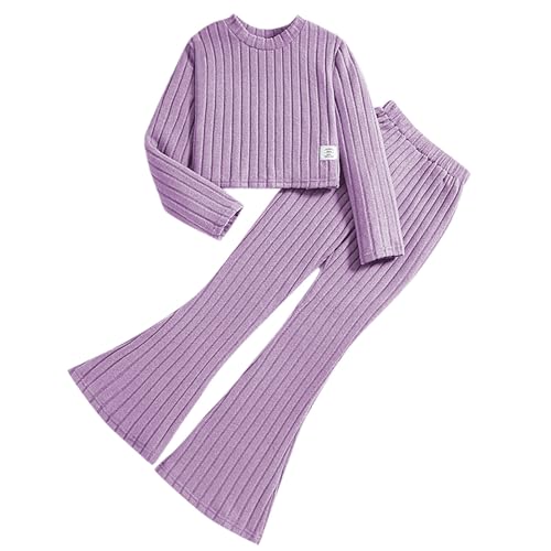 Schlafanzug für Mädchen Einfarbig 2 Teiler Pyjama Set Stricken Schlafanzüge Mit Langarm Schlaghosen Hosen Nachtwäsche Thermo Bequem Atmungsaktiv Outfit Kinder 7-12 Jahre Alt von Generic