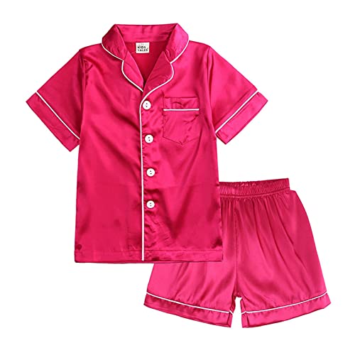 Schlafanzug für kleine Babys, Mädchen, Jungen, Satin, Seide, Kinder, Kurze Ärmel, Nachtwäsche, Pyjamas, 2-teilig, mit Knöpfen, Klassische Loungewear-Shorts Baby-Pyjama-Set (Hot Pink, 8-9 Years) von Generic