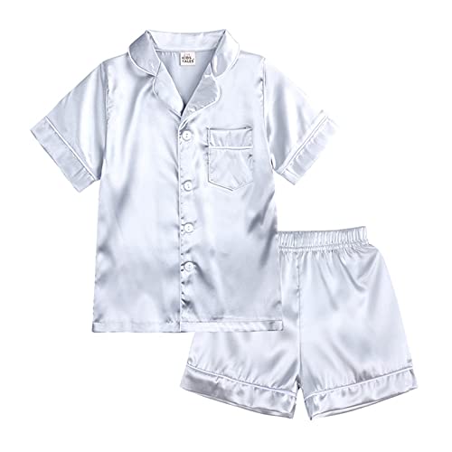 Schlafanzug für kleine Babys, Mädchen, Jungen, Satin, Seide, Kinder, Kurze Ärmel, Nachtwäsche, Pyjamas, 2-teilig, mit Knöpfen, Klassische Loungewear-Shorts Baby-Pyjama-Set (Silver, 10-11 Years) von Generic