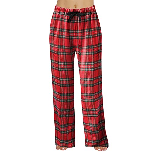 Schlafanzughose Damen Lang Flanell Baumwolle Karierte Pyjamahose Winter Weich Nachtwäsche Hose Schlafhose Freizeithose Strandhose mit Taschen und Kordelzug (B02 Rot, L) von Generic
