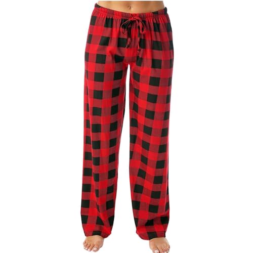 Schlafanzughose Damen Lang Flanell Baumwolle Karierte Pyjamahose Winter Weich Nachtwäsche Hose Schlafhose Freizeithose Strandhose mit Taschen und Kordelzug (Z119A-Wine, S) von Generic