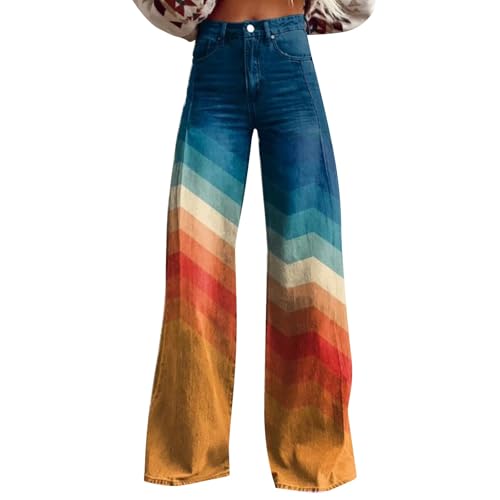 Schlaghose Damen Jeans Extra Lang - Weite Hose Jeans Damen High Waist Blumemuster Baggy Jeans mit Zip Denimhose Bootcut Jeans Gerades Bein Flaredjeans Vintage Straight Jeans Y2K Streetwear von Generic