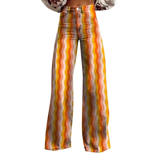 Schlaghose Damen Jeans Extra Lang - Weite Hose Jeans Damen High Waist Blumemuster Baggy Jeans mit Zip Denimhose Bootcut Jeans Gerades Bein Flaredjeans Vintage Straight Jeans Y2K Streetwear von Generic