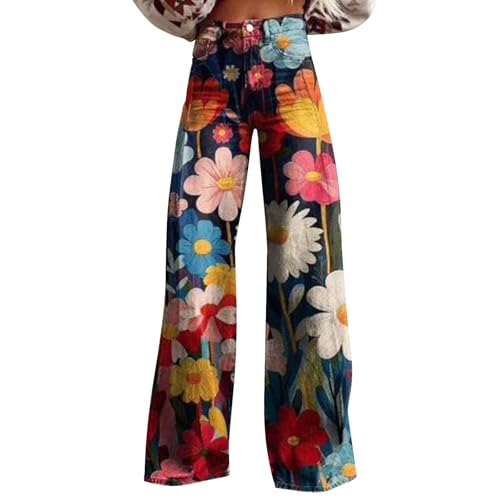 Schlaghose Damen Jeans Extra Lang - Weite Hose Jeans Damen High Waist Blumemuster Baggy Jeans mit Zip Denimhose Bootcut Jeans Gerades Bein Flaredjeans Vintage Straight Jeans Y2K Streetwear von Generic