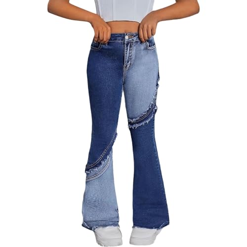 Schlaghose Jeans mit Löchern Mädchen Flared Jeans Schlagjeans Spleißen Loch Jeanshose Strech Bell Bottom High Waist Flared Denim Hose Weites Bein Jazz Pants mit Schlag (Blue, 9-10 Years) von Generic