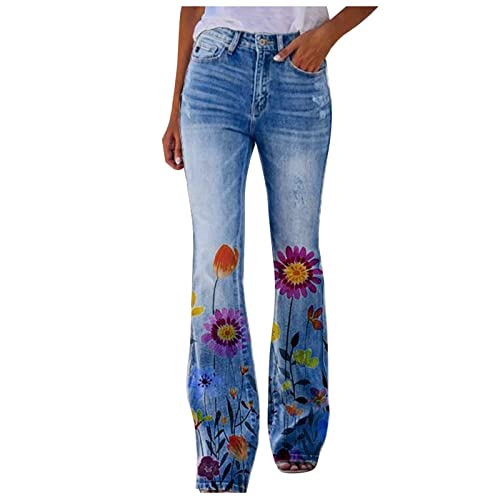 Schlagjeans Jeanshosen Damen Elegant Stretch Skinny Schlaghose Flared Hose Casual Hohe Taille Jeans Mode Blumen Drucken Hose Weites Bein Retro Stil Denim Pants(L Wassermelonenrot,M) von Generic