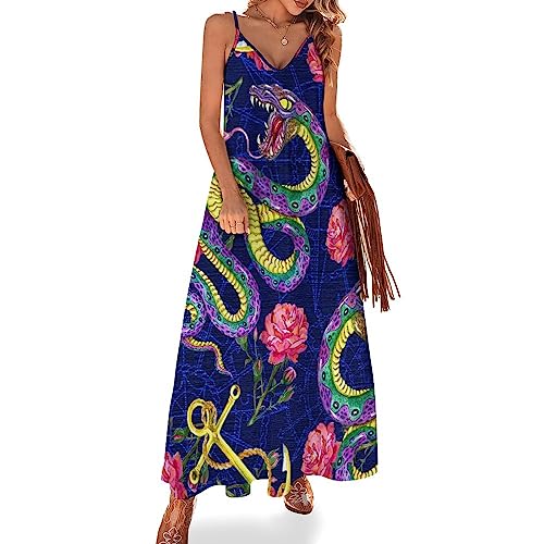 Schlange Rose Damen Ärmelloses Maxikleid Lang Kleid V-Ausschnitt Strandkleid Freizeitkleid von Generic