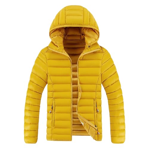Schlanke, verpackbare Herren-Kapuzenjacke mit Kapuze Leichter einfarbiger gesteppter Wintermantel Winddichte wattierte Daunenjacke (Gelb,L) von Generic