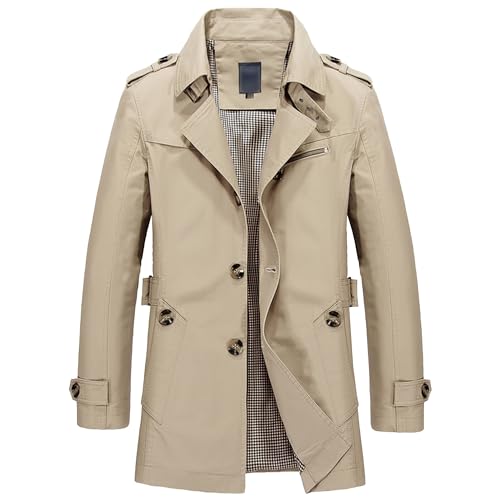 Schlanker Herren Trenchcoat mit gekerbtem Kragen Einreihige Jacke aus gewaschener Baumwolle Klassischer Wintermantel Erbsenmantel (Helles Khaki,M) von Generic
