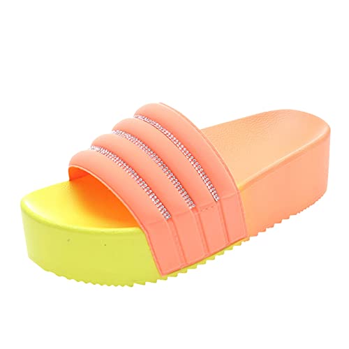 Schlappen Damen Gummi Sohle Mode Badepantolette Farben Patchwork Badelatschen Elegant Strass Badeschlappen Duschlatschen Slippers Dick Sohle Wasserfest Flache Schuhe Sommer Slide Hausschuhe von Generic