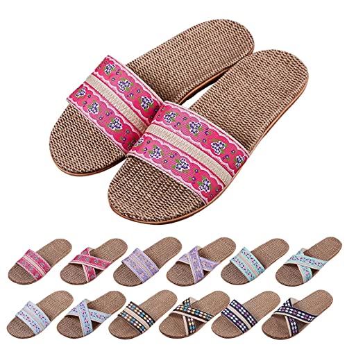 Schlappen Damen Sommer - Pantoletten Rutschfest Rattan Slipper Bohemian Strand Schuhe Leinen Flache Sandalen Leicht Atmungsaktiv Badeschuhe Bambus Hausschuhe Bequem von Generic