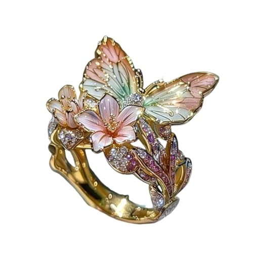Schmetterling Blumenring, Schmetterling Ring, Schmetterling Ringe für Frauen, Damen Doppel Schmetterling Inspirationsring, Farbverlauf Schmetterling Ring (Golden,D) von Generic