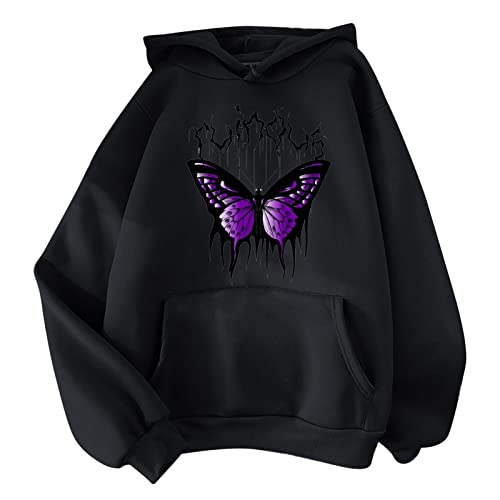 Schmetterling Hoodie Damen Herbst Kapuzenpullover Schwarz Langarm Pullover Sweatshirt mit Kapuze Kordelzug Winter Casual Pulli Sweatjacke Oberteile Langarmshirt Klamotten Teenager Mädchen (Black, L) von Generic