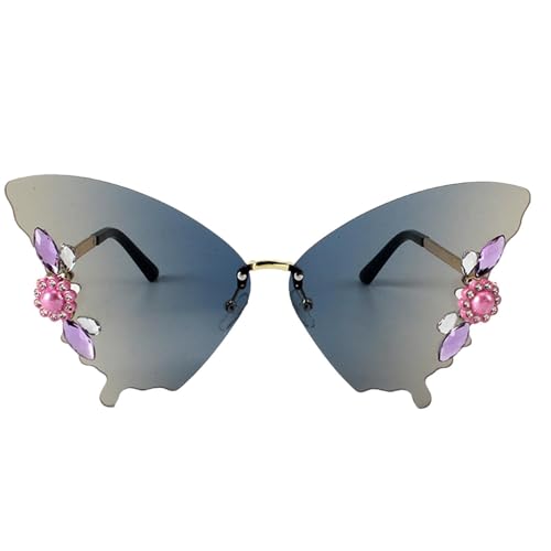 Schmetterlings-Sonnenbrille aus Strass, rahmenlose Sonnenbrille für Festivals, Sommerbrille in Schmetterlingsform für Damen mit UV-Blockierung, für Angeln, Fahren, Outdoor-Sportarten, Blau auf der von Generic