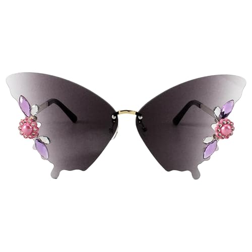 Schmetterlings-Sonnenbrille aus Strass, rahmenlose Sonnenbrille für Festivals, Sommerbrille in Schmetterlingsform für Damen mit UV-Blockierung, für Angeln, Fahren, Outdoor-Sportarten, Gray Gray Gray von Generic