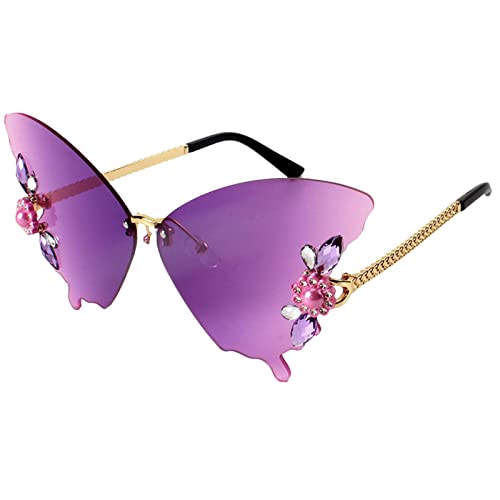 Schmetterlings-Sonnenbrille aus Strass, rahmenlose Sonnenbrille für Festivals, Sommerbrille in Schmetterlingsform für Damen mit UV-Blockierung, für Angeln, Fahren, Outdoor-Sportarten, Purple On Top von Generic