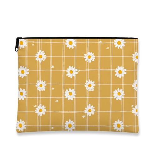 Schminktasche mit Gänseblümchen, Vintage-Karo, gelb, kariert, für Damen, tragbarer Organizer aus Segeltuch mit Reißverschluss, Geschenk für Festivals und den täglichen Gebrauch, gelb, 7x9 Inch von Generic