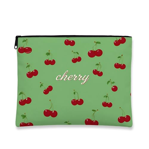 Schminktasche mit Kirschmuster, schöne rote Kirschen für Damen, tragbarer Organizer aus Segeltuch mit Reißverschluss, Sommergeschenk, Kulturbeutel für die Hautpflege, grün, 7x9 Inch, Kirschen von Generic