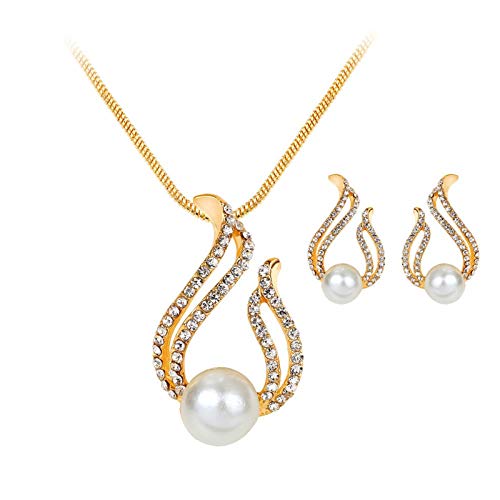 Schmuck Damen Premium Ohrringe Qualität Kristall Mode Anhänger Frauen Halskette Schmuckset Brautschmuck Set für Hochzeit Perle, 2-gold, Einheitsgröße, Casual von Generic