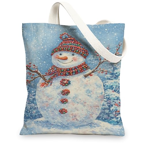 Schneemann-Tragetaschen, buntes Winter-Design, wiederverwendbare Taschen, lustig, festlich, leicht, waschbar, Schultergurt, Segeltuch für, Blau, 13x15 Inch von Generic