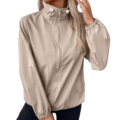 Schnelltrocknend Regenjacke Damen Wasserdicht Winddichter Atmungsaktiv Regenmantel Regenparka mit Kapuze Leichte Trenchcoat Dünne Windbreaker Übergangsjacke Übergangs Fahrrad Sport (Beige, M) von Generic