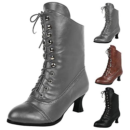 Schnürstiefel Damen mit Absatz, Halbhoch Winterstiefel Damen Einfarbige Mid Calf Stiefel Modern Winterschuhe aus Leder Boots Damen Biker Motorradstiefel Elegant Damenstiefel von Generic