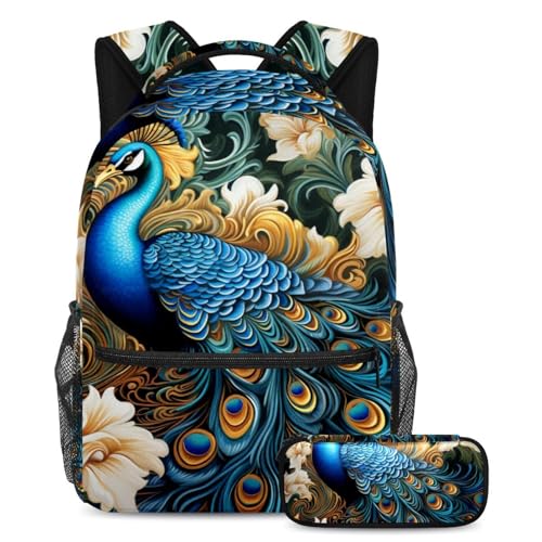 Schöner Pfau bleibt trendig und organisiert mit unserem Rucksack und Federmäppchen für Jungen, Mädchen, Teenager, Mehrfarbig Nr. 02, B：29.4x20x40cm P：19x7.5x3.8cm, Tagesrucksäcke von Generic