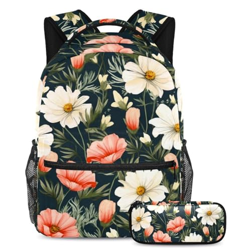 Schöner Rucksack mit Federmäppchen, 2-teiliges Schulranzen-Set für Kinder, für Jungen, Mädchen, Teenager, mit Blumenmotiven, Mehrfarbig Nr. 02, B：29.4x20x40cm P：19x7.5x3.8cm, Tagesrucksäcke von Generic