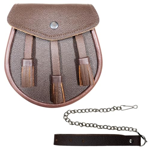 Schottisches Leder Sporran für Kilt - Trachtenkleid Sporran mit Knopf oder Distelabzeichen - Schwarz | Braun, Braun, Eine Größe passt meistens von Generic
