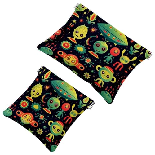 Schrapnellbeutel für Geldbörse, Cartoon-Grün, Alien-133, wasserdichte Make-up-Tasche, tragbare Tasche für Damen, Geschenk, 2 Stück, Multicolor 01, A：7.1x5.8in/18x14.8cm，B:4.7x4.5in/12x11.5cm von Generic