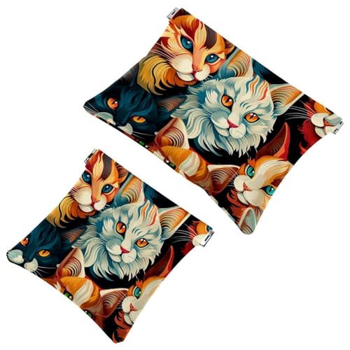 Schrapnellbeutel für Geldbörse, bunte Graffiti-Katze, wasserdichte Make-up-Tasche, tragbare Tasche für Damen, 2 Stück, Mehrfarbig 04, A：7.1x5.8in/18x14.8cm，B:4.7x4.5in/12x11.5cm von Generic