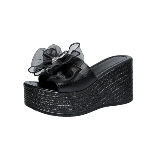 Schuhe Damen Mokassin Koreanische Damen-Hausschuhe im Frühjahr/Sommer mit Schleife und Keilabsatz, erhöhtes Außentragen und Fischmaul-Hausschuhen Damenschuhe Schwarz Sneaker (Black, 38) von Generic