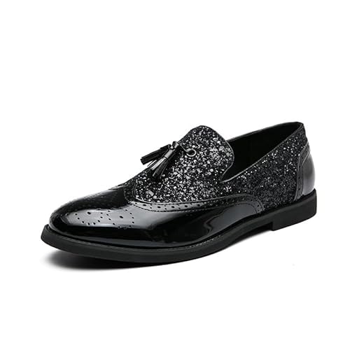 Schuhe Kleid Oxford for Männer Slip On Runde Kappe PU Leder Brogue Geprägte Patchwork Quaste Anti-Slip Low Top Gummi Sohle Arbeiten(Color:Schwarz,Size:45.5 EU) von Generic