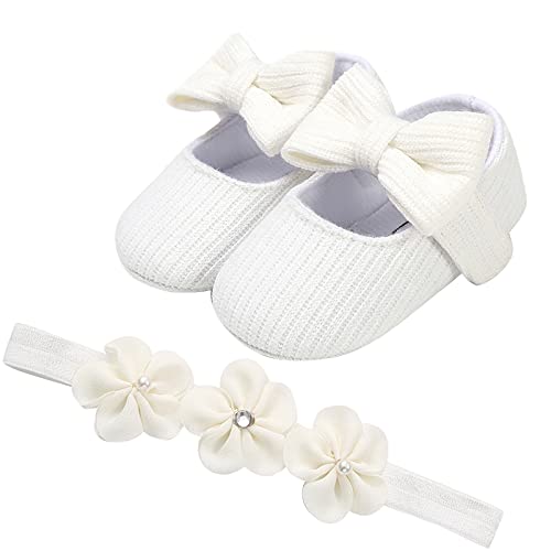 Schuhe Mädchen 24 Säuglingsschuh + Haarband Prinzessin Bowknot Kleinkind Prewalker Baby Set Baby Schuhe für Mädchen Schuhe Taufe Junge 21 (White, 19 Toddler) von Generic