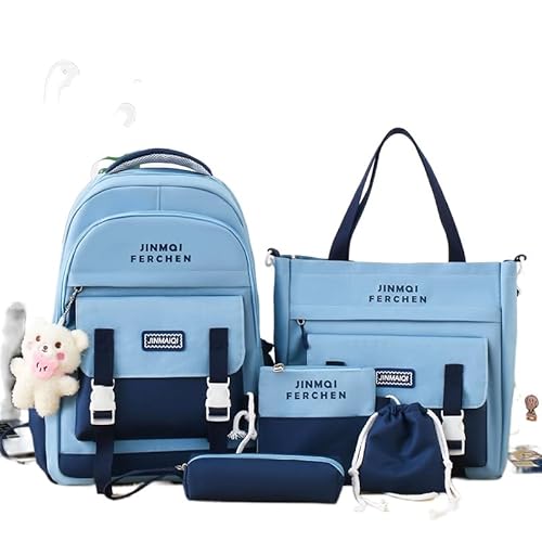 Schulranzen Set 5-teilig für Mädchen - Schulrucksack Teenager Blau (30 * 45 * 14cm) - Schule und Freizeit von Generic