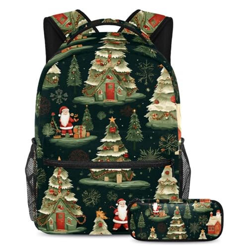 Schulranzen-Set für Kinder, Weihnachtsbäume, mit Federmäppchen, Rucksack mit großem Fassungsvermögen, für Jungen, Mädchen, Teenager, 2-teilig, Mehrfarbig Nr. 04, B：29.4x20x40cm P：19x7.5x3.8cm, von Generic