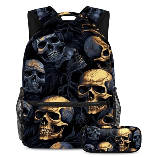 Schulranzen-Set mit Totenkopf-Muster, Rucksack und Federmäppchen, perfekt für Studenten, Kinder, Jungen und Mädchen, Mehrfarbig #01, B：29.4x20x40cm P：19x7.5x3.8cm, Daypack Rucksäcke von Generic