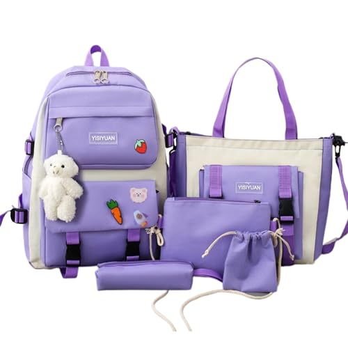 Schulrucksack-Set – 5-in-1-Schulrucksack, Reise-Rucksack für Mädchen | Stoßfeste Schultasche, langlebige Taschen inklusive Rucksack, Bleistifttasche, Haustier, blasslila, Se référer au descriptif, von Generic