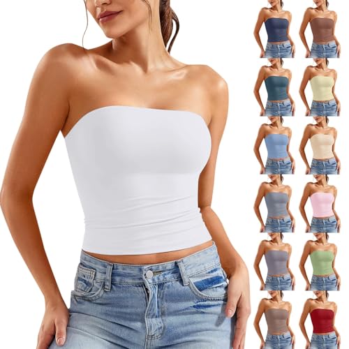 Schulterfrei Tube Top Damen Ärmellos Tank Top Damen Y2K Slim Fit Crop Top Sommertops Elegant Doppelt Gefüttert Oberteile von Generic