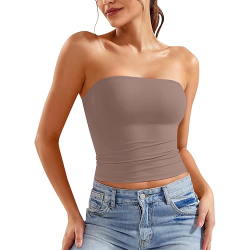 Schulterfrei Tube Top Damen Ärmellos Tank Top Damen Y2K Slim Fit Crop Top Sommertops Elegant Doppelt Gefüttert Oberteile von Generic