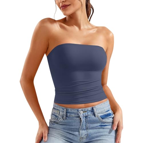 Schulterfrei Tube Top Damen Ärmellos Tank Top Damen Y2K Slim Fit Crop Top Sommertops Elegant Doppelt Gefüttert Oberteile von Generic