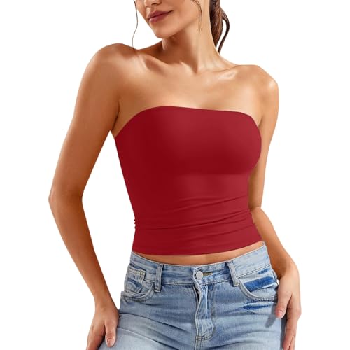 Schulterfrei Tube Top Damen Ärmellos Tank Top Damen Y2K Slim Fit Crop Top Sommertops Elegant Doppelt Gefüttert Oberteile von Generic