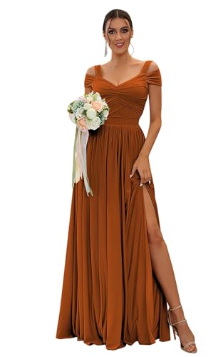 Schulterfreie Brautjungfernkleider für Damen 2024 V-Ausschnitt A-Linie Chiffon Langes Kleid Abendkleider mit Schlitz Burnt Orange S von Generic