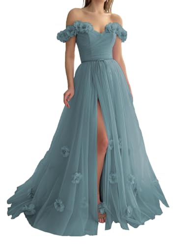 Schulterfreies TüLl-Abschlussballkleid Langes Formelles Abendkleid Mit 3D-Blume A-Linie RüCkenfreies Prinzessinnenkleid Mit Schlitz Dusty Blue 6 von Generic