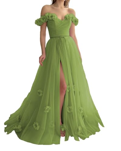 Schulterfreies TüLl-Abschlussballkleid Langes Formelles Abendkleid Mit 3D-Blume A-Linie RüCkenfreies Prinzessinnenkleid Mit Schlitz Olive 18 Plus von Generic